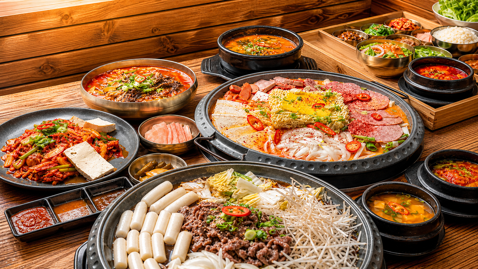 A Korean table spread with soups, noodles, rice cakes, and shared dishes