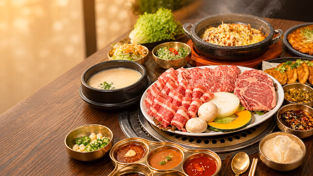 A Korean barbecue table set with marbled beef, banchan, soup, and shared dishes